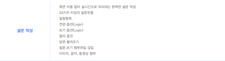 설문작성-화면 이동 없이 실시간으로 처리되는 완벽한 설문 작성,24가지 이상의 설문유형,알림항목,연관옵션(Logic),보기옵션(Logic),필터옵션,답변불러오기,질문 보기 첨부파일 삽입, 이미지 음악 동영상 첨부